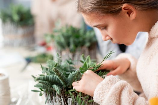 Creating Christmas floral arrangement with carnations, chrysanthemum santini flowers and fir. Floral Design basics