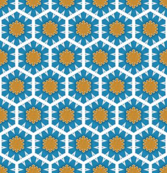 background winter textile pattern of blue hexagonal snowflakes