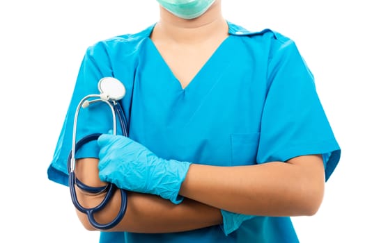 Female nurse with stethoscope puts on rubber gloves and wearing medical face mask, woman doctor in blue uniform crossed arms, studio shot isolated on over white background, medical health concept