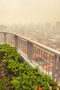 bush and fence in garden on rooftop of high-rise building in poor weather, haze of pollution covers city, global warming concept(2)