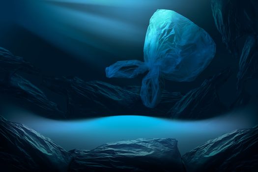 creative background of single-use plastic bags floating in deep blue sea or ocean with rays of sunlight effect, concept of environmental pollution