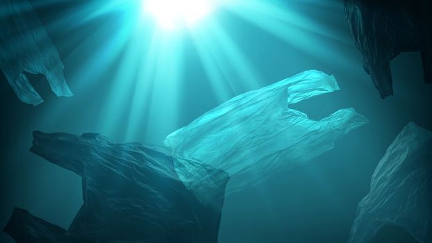 creative background of single-use plastic bags floating in deep blue sea or ocean with rays of sunlight effect, concept of environmental pollution.