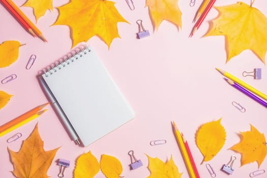 .Autumn fallen foliage and notebook on pink background