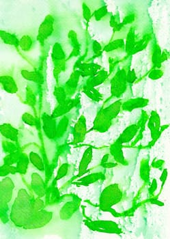 Watercolor painting of green leaves on paper texture, hand painted image