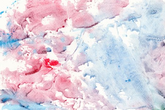 Abstract background of watercolor on paper texture, hand painted in blue and red
