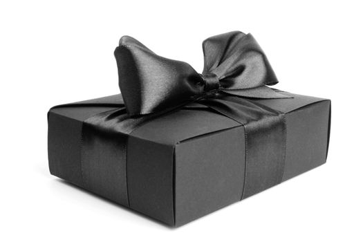 Black friday gift, paper box with silk ribbon bow isolated on white background