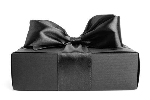 Black friday gift, paper box with silk ribbon bow isolated on white background