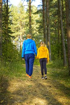 Mother with daughter hiking in autumn pine forest. Mom with daughter walking in nature on the forest road holding hands.