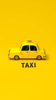 Mini 3D taxi, mini car with yellow color, 3d rendering. Computer digital drawing.