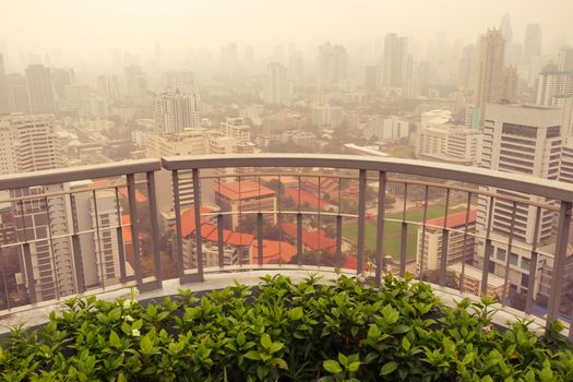 bush and fence in garden on rooftop of high-rise building in poor weather, haze of pollution covers city, global warming concept