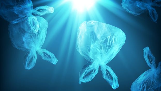 creative background of single-use transparent plastic bag in form of jellyfish floating in sea or ocean with sunlight, many plastic bags end up in ocean, polyethylene plastic, pollution of environment