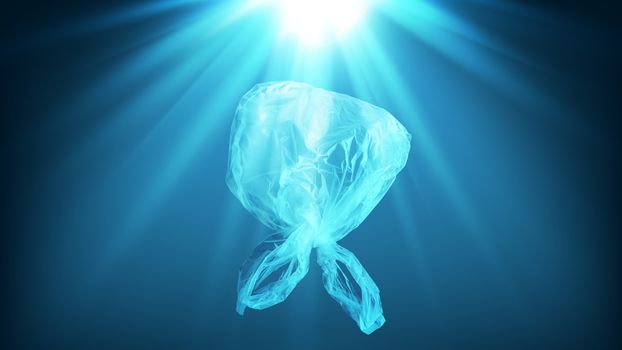 creative background of single-use transparent plastic bag in form of jellyfish floating in sea or ocean with sunlight, many plastic bags end up in ocean, polyethylene plastic, pollution of environment