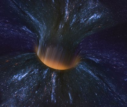 3d illustration of black hole bending the event horizon and swallowing a galaxy. Some elements provided by NASA.