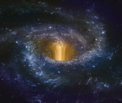 Illustration of black hole bending the event horizon and swallowing a galaxy. Some elements provided by NASA.