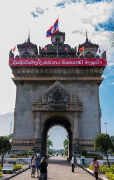 Vientian,Laos-December 8,2015:Patuxai victory monument in Vientian,Laos is an important landmark for tourists to visit.