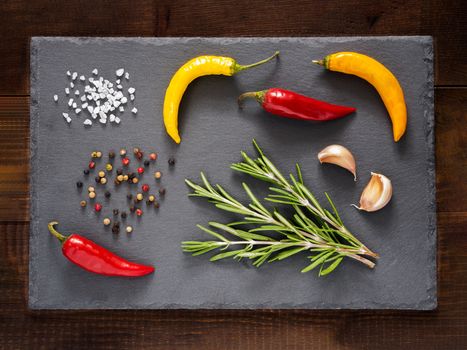 Herbs and spices on slate background. Top view or flat lay. Food background and food ingredients - rosemary, hot peppers, garlic bulbs. casher salt and peppercorns