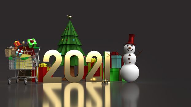 Snowman and shopping cart for Christmas and new year  holiday content 3d rendering