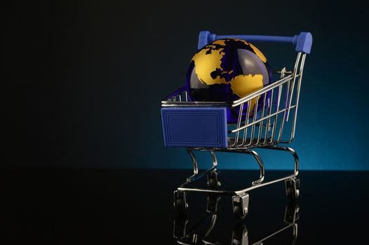 A conceptual image of global shopping over a blue background.