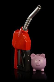 A conceptual image of a gas pump and pig bank to illustrate the savings discounted at the gas pumps.