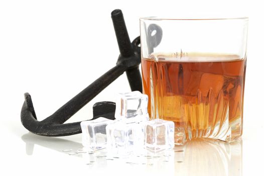 A closeup of some whiskey on the rocks over a white background.