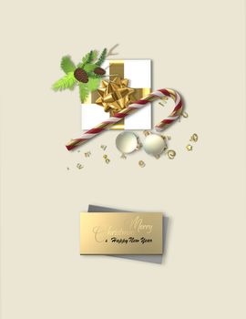 Christmas holiday background. Abstract realistic Xmas gift box, Xmas fir, candy, balls over white yellow. Text Merry Christmas Happy New Year on gold label. Vertical festive design. 3D illustration