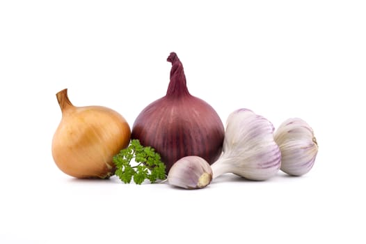 Garlic bulbs and cloves, green parsley twig, golden-brown and red onion isolated on white background