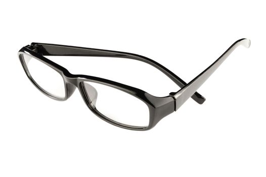 An isolated composite of black eyeglasses utilizing multiple focus points to achieve a near full focus object.