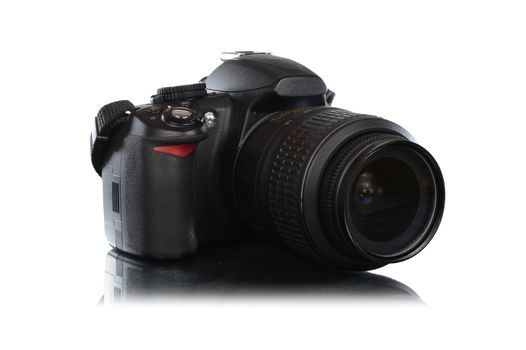 An isolated over white image of a DSLR Professional grade camera with lens.