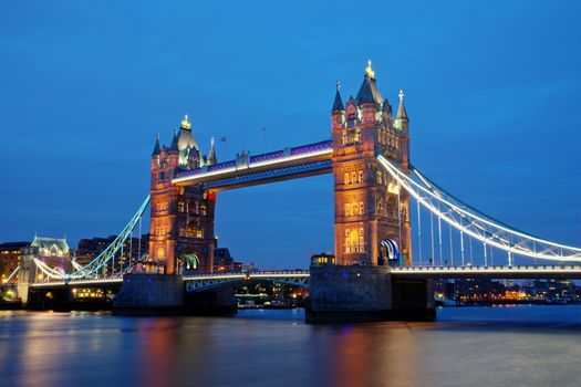 The famous Tower Bridge in London after sunset
