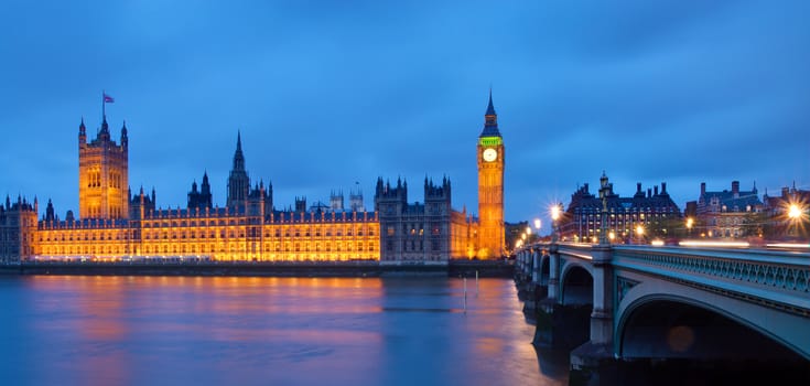 The famous Houses of Parliament in London after sunset