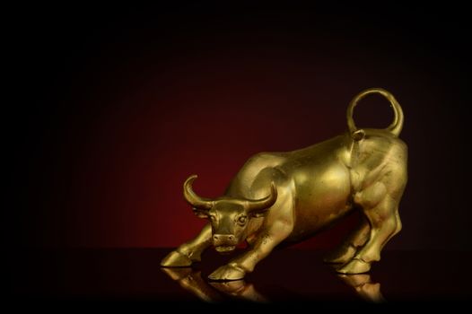 A closeup view of a strong brass bull over a dark gradient to showcase strength and endurance.