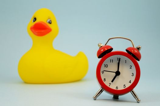 A red alarm clock and rubber ducky come together for scheduling bath time again.