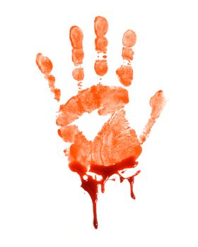 A bloody hand print over a white background.