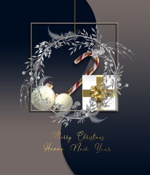 Abstract Christmas card. Black curves, solver Xmas wreath, Xmas gift realistic box with bow, candy cane on black blue background. 3D illustration. Gold text Merry Christmas Happy New Year
