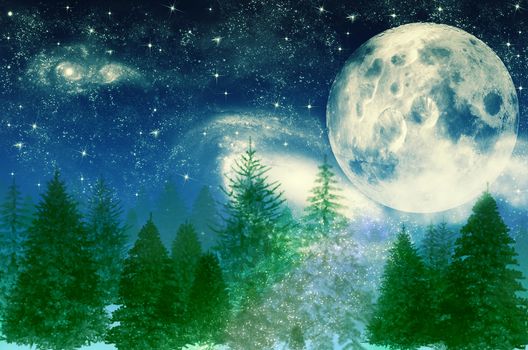Snow covered winter forest under stormy snowfall and full moon. Night winter scene.  Stock illustration