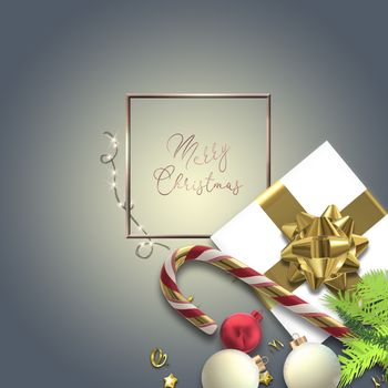 Holiday Xmas design. Close up Xmas realistic gift box with golden bow, Christmas balls, candy cane, fir branches on blue pastel background with magic light. 3D render. Text Merry Christmas. Mock up