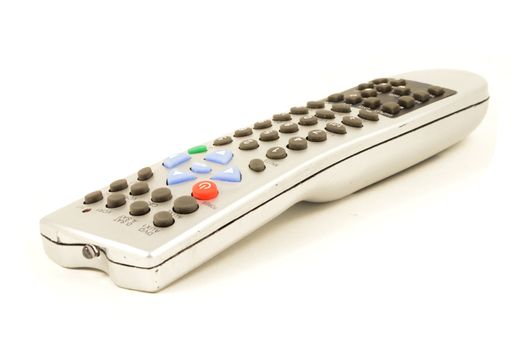 An isolated over white background image of a Universal remote controller for multiple digital devices.