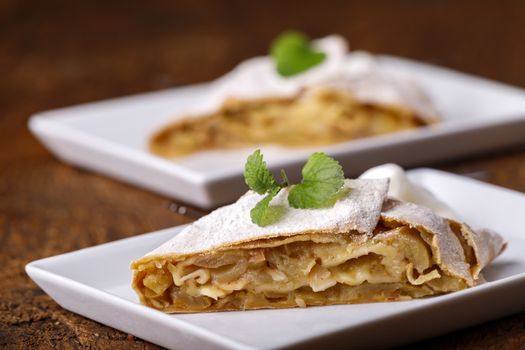 austrian apple strudel on white plates