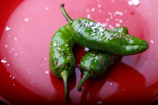 pimientos de padron on red plate