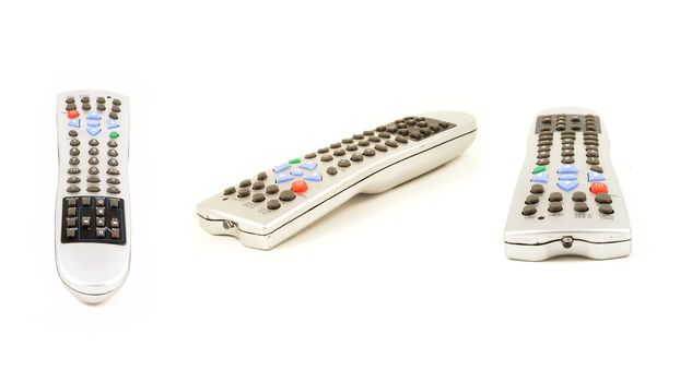 A 16x9 resolution composite of three Universal Remote Controllers in different angles isolated over a white background.