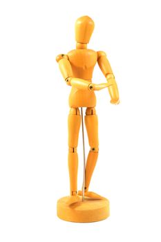 An Artists wooden figurine is posed in a standing applause and isolated over a white background.
