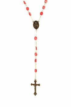 A hanging jewelry style shot of a Christian Rosary over a clean white background.