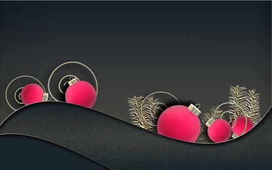 Xmas background on black. Pink Xmas balls baubles on black curves. Place for text, 3D illustration