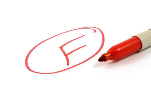 A red graded paper or test with the letter F for Failure as a final result.