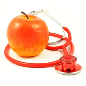 A ripe red apple and Doctors stethoscope isolated over white and cropped to a square format.