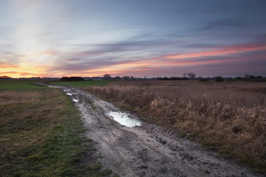 A country road through fields and a colorful sunset