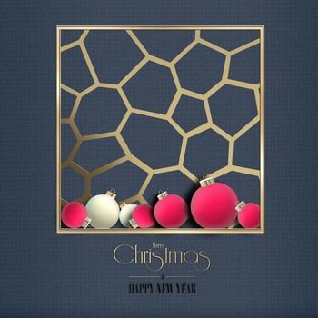 Abstract Christmas background with pink Xmas balls baubles, golden ornament on grey black background. 3D illustration. Text Merry Christmas Happy New Year