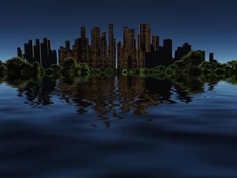Surrealism. City of future in green forest surrounded by water. 3D rendering