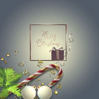Abstract realistic flat lay Christmas card. Xmas gift box, candy cane, Xmas fir, baubles. on blue background with magic light. Golden 3D text Merry Christmas. 3D illustration, Mock, place for text