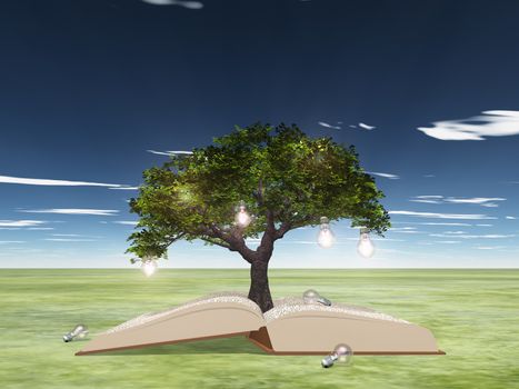 Open book with light bulb tree. 3D rendering